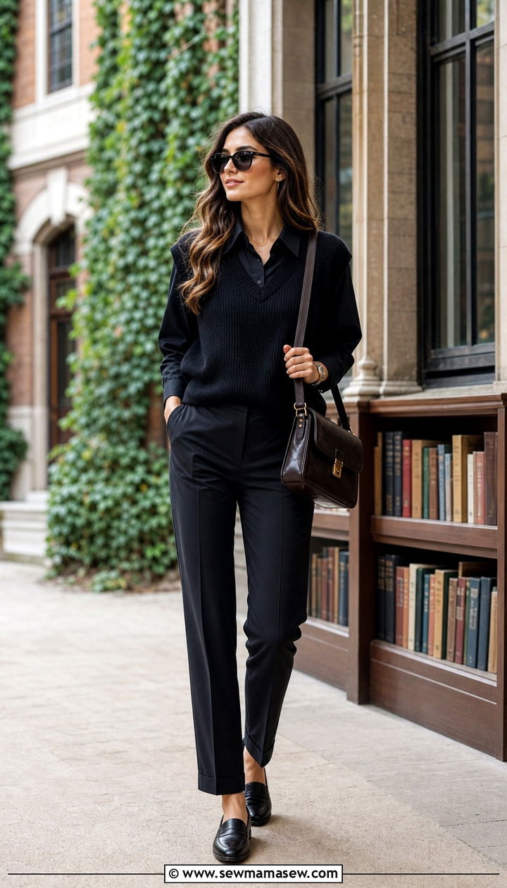 Black sweater vest with black trousers - 35 black outfit ideas for women