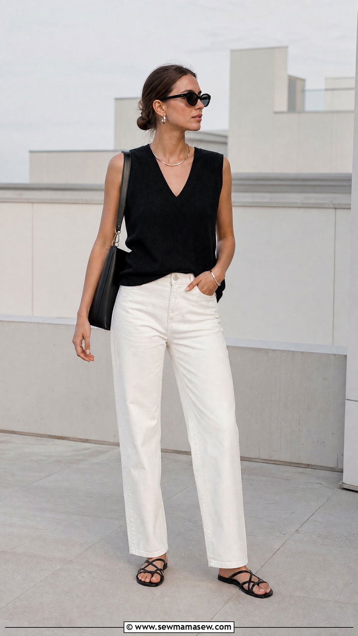 Black sweater vest with white jeans summer outfit - 30 Summer outfits with sweater vests