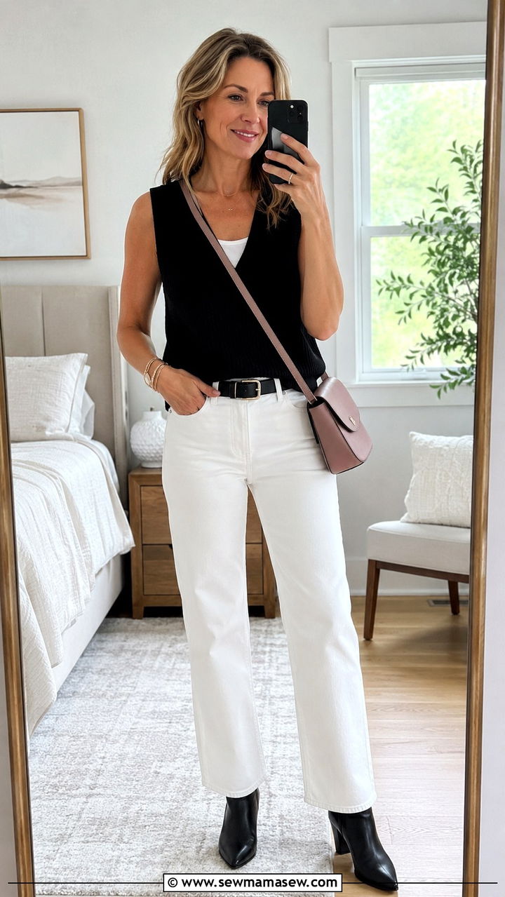 Black sweater vest with white jeans - 30 sweater vest outfits for women over 40