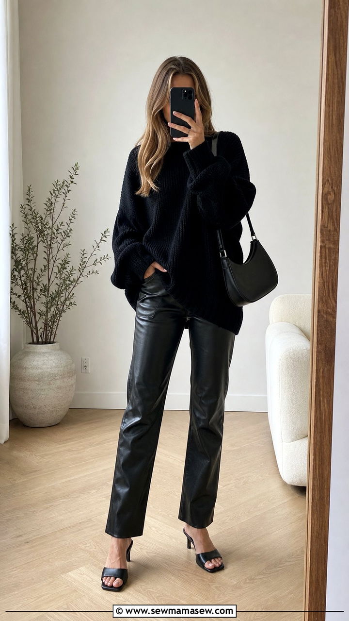 Black sweater with black leather pants - 35 black outfit ideas for women