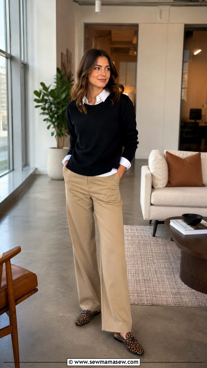 Black sweater with khaki trousers and leopard print loafers - 30 Legal intern outfit ideas