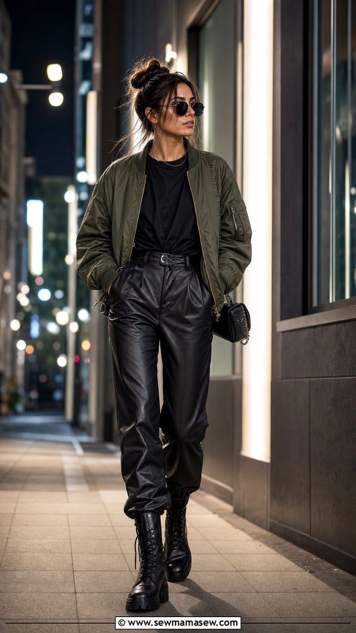 Black t shirt with bomber jacket and leather trousers - 25 spring layered t shirts outfit ideas