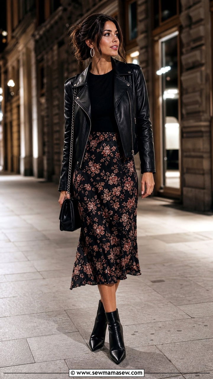 Black t shirt with leather jacket and midi skirt - 25 spring layered t shirts outfit ideas