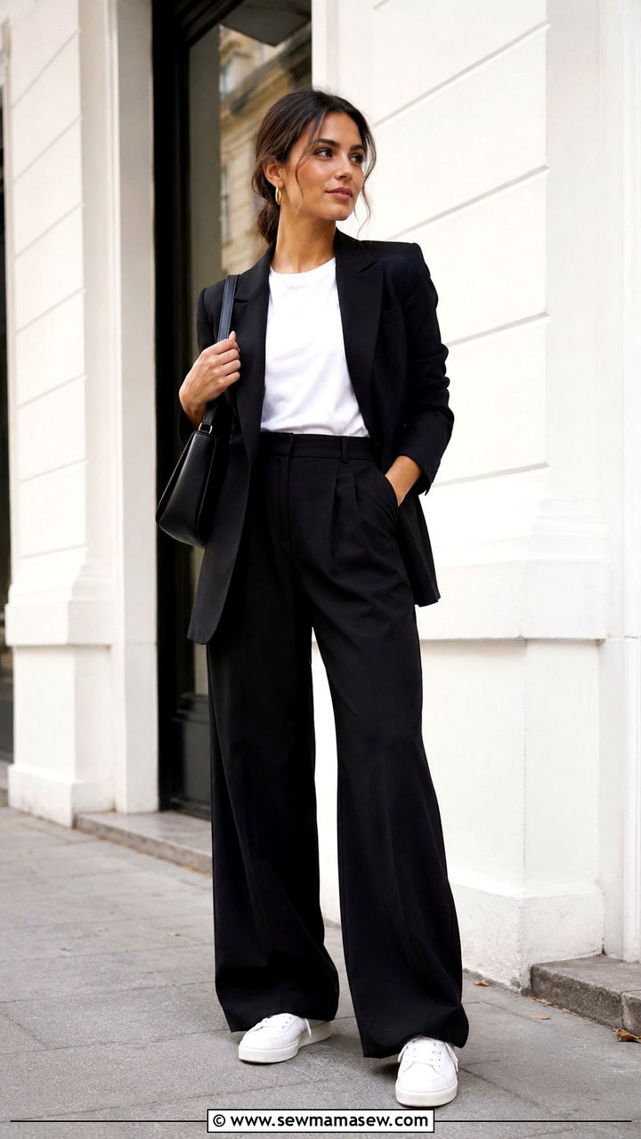 Black tailored blazer with a white crewneck tee and sneakers - 25 Wide leg black pants outfit ideas with a blazer