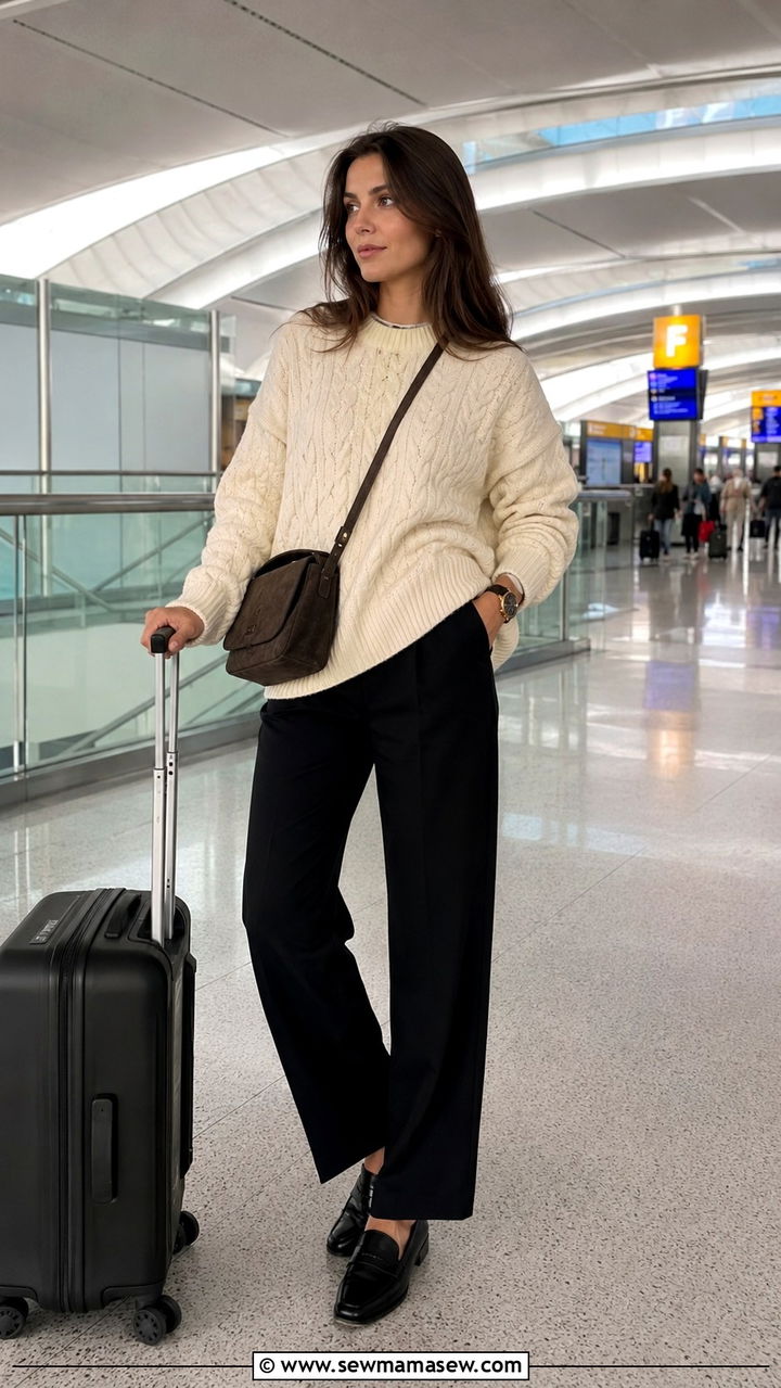Black tailored trousers with an oversized ivory cable knit sweater - 30 Quiet luxury outfit ideas for airport