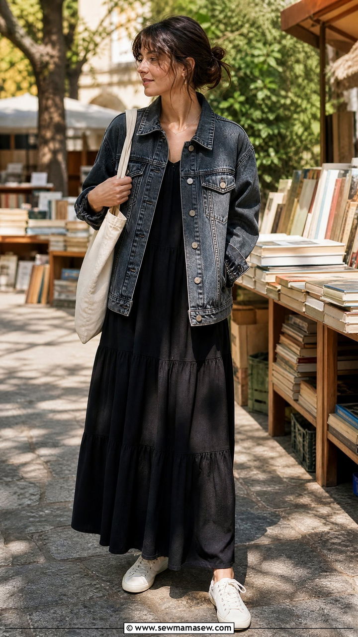 Black tiered maxi dress and denim jacket outfit - 30 dark academia outfits ideas