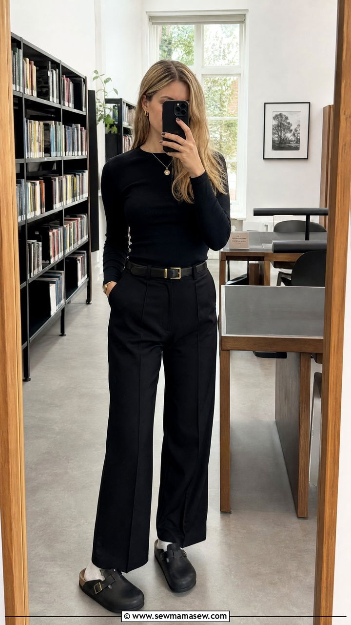Black top with black trousers and Birkenstock clogs - 35 Librarian outfit ideas for work