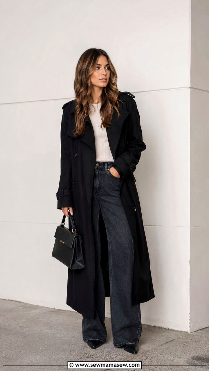Black trench coat and wide leg jeans outfit - 20 Wide leg jeans outfit ideas with a trench coat