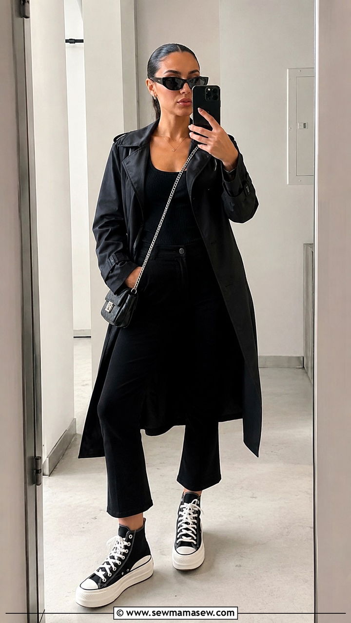 Black trench coat over a full black outfit with platform sneakers - 30 Spring outfits with trench coat