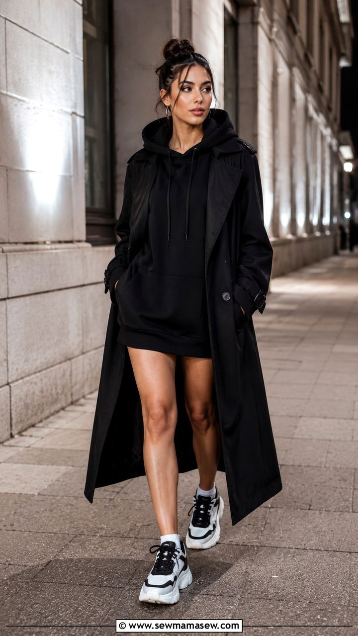 Black trench coat with a hoodie dress and chunky sole sneakers - 30 Long trench coat outfit ideas with sneakers