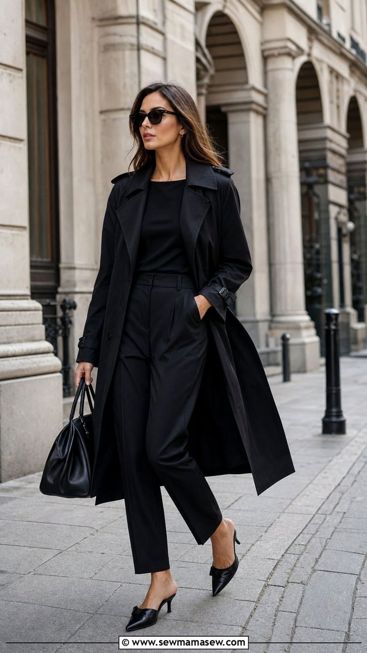 Black trench coat with black trousers - 35 black outfit ideas for women