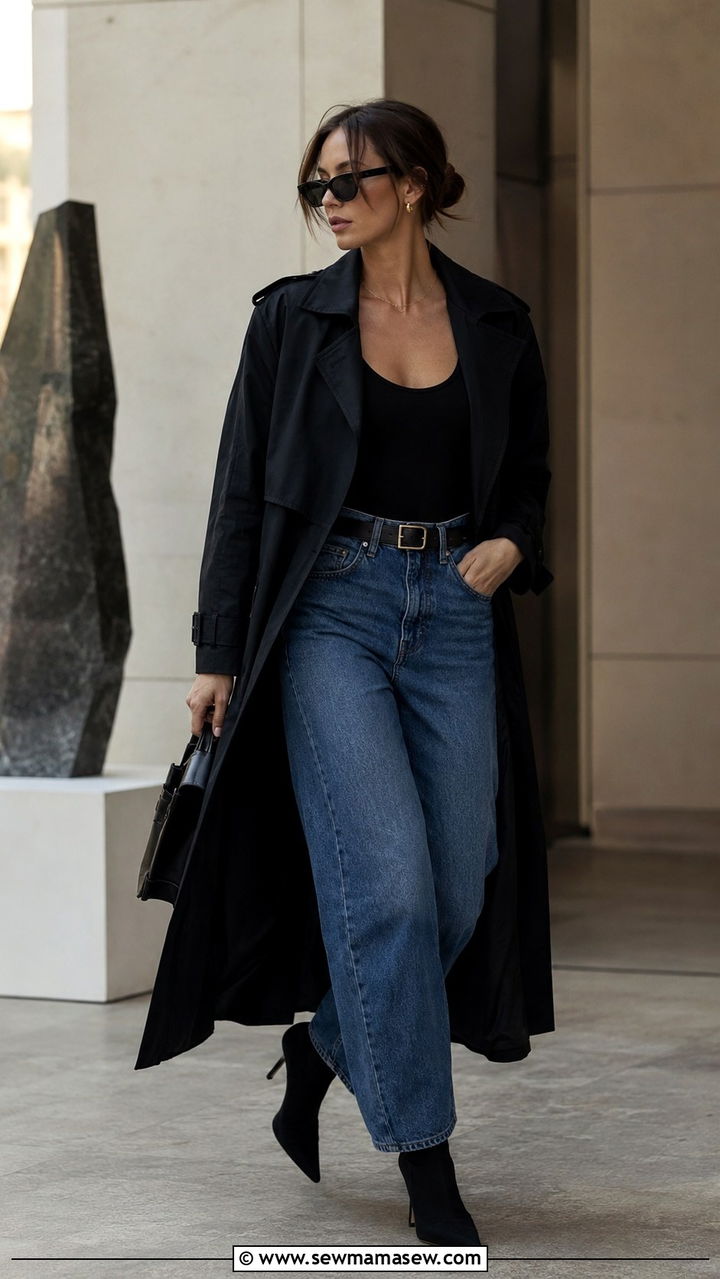 Black trench coat with bodysuit and barrel leg jeans - 25 Black trench coat outfit ideas with jeans