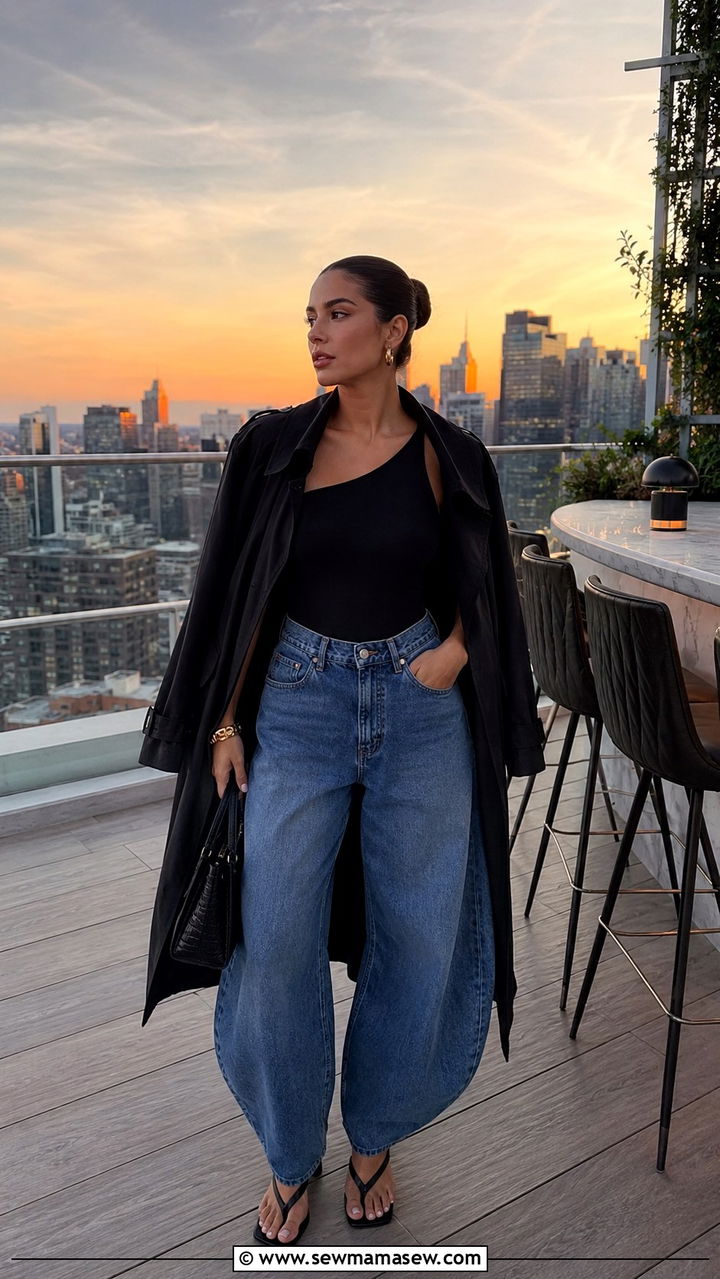 Black trench coat with bodysuit and horseshoe jeans - 25 Black trench coat outfit ideas with jeans