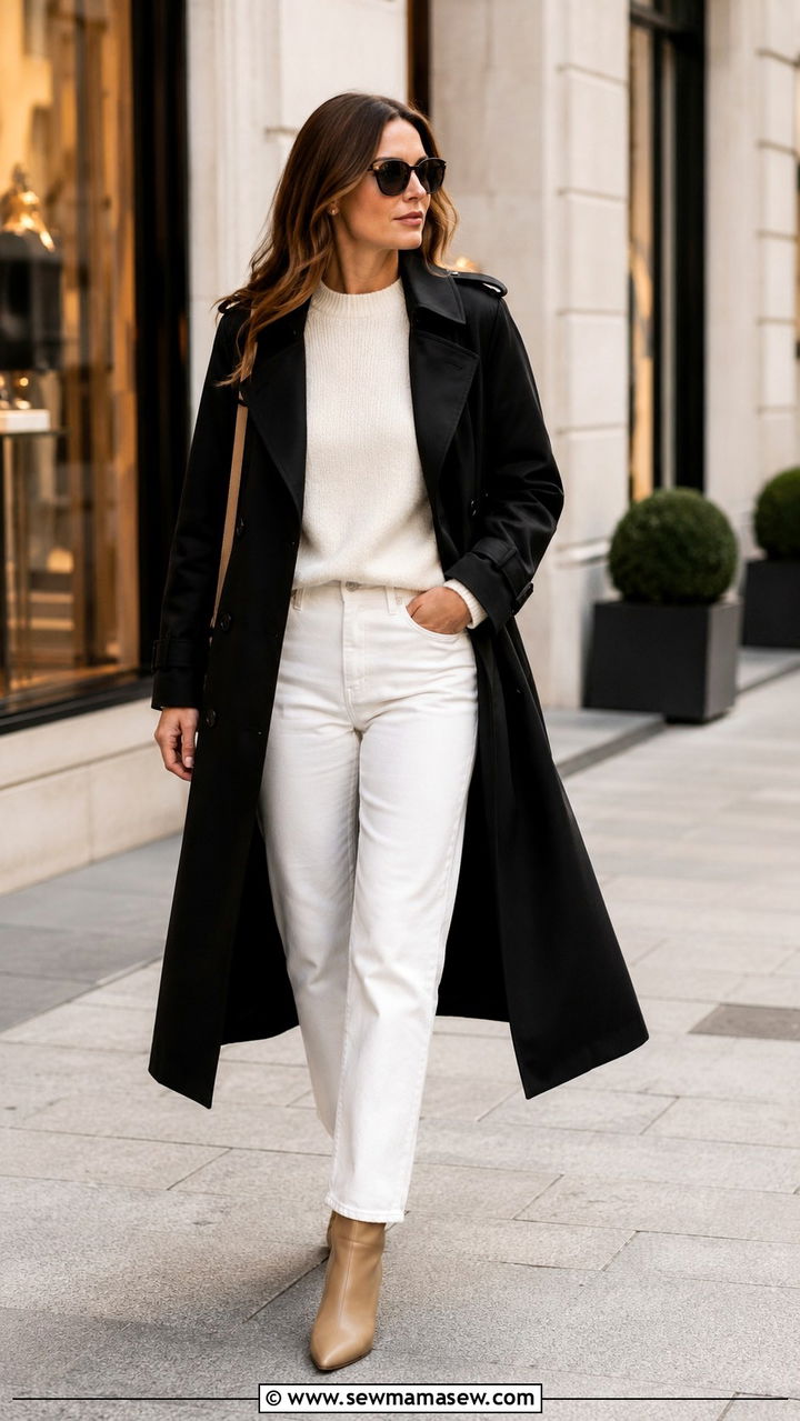 Black trench coat with cashmere sweater and white jeans - 25 Black trench coat outfit ideas with jeans