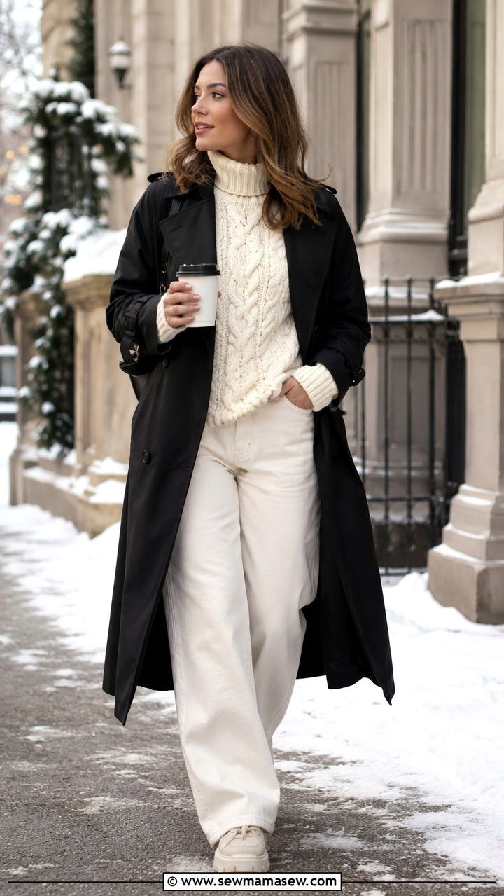 Black trench coat with chunky knit and ivory jeans - 25 Black trench coat outfit ideas with jeans