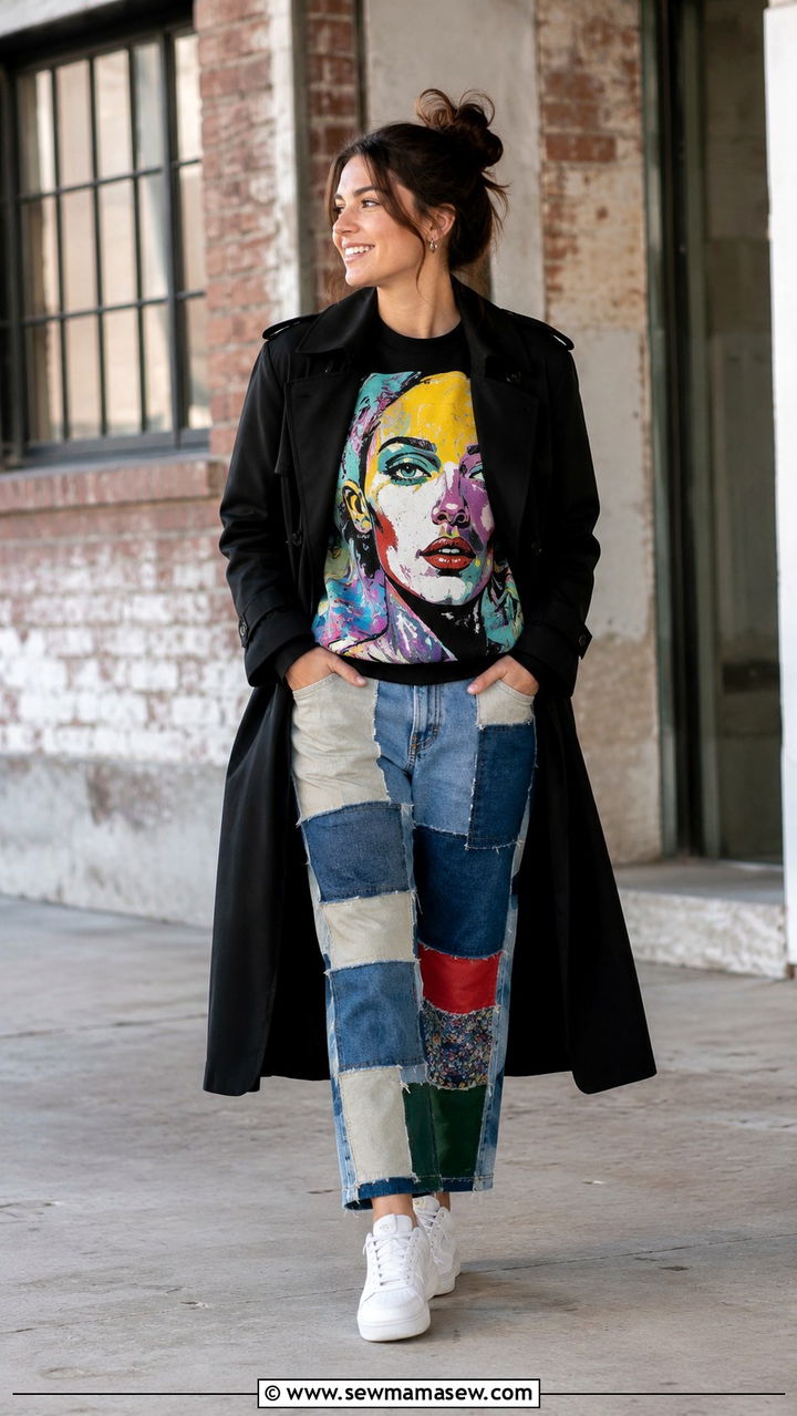 Black trench coat with graphic sweatshirt and patchwork jeans - 25 Black trench coat outfit ideas with jeans