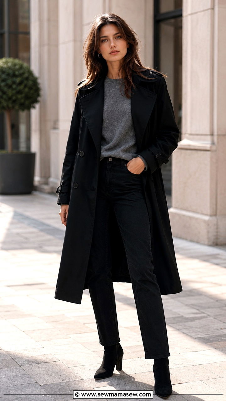 Black trench coat with grey sweater and black jeans - 25 Black trench coat outfit ideas with jeans