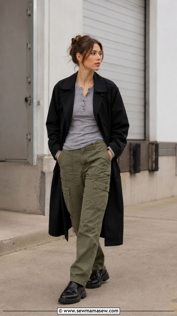 Black trench coat with henley and cargo jeans - 25 Black trench coat outfit ideas with jeans
