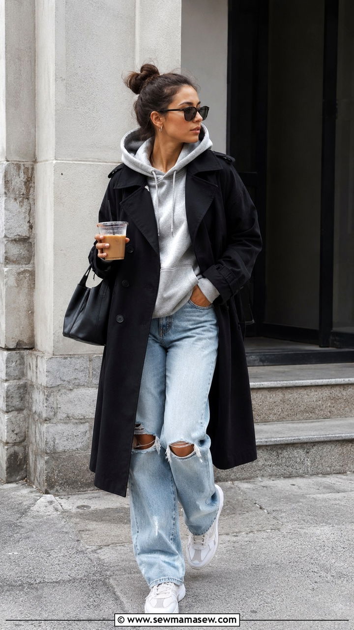 Black trench coat with hoodie and ripped jeans - 25 Black trench coat outfit ideas with jeans