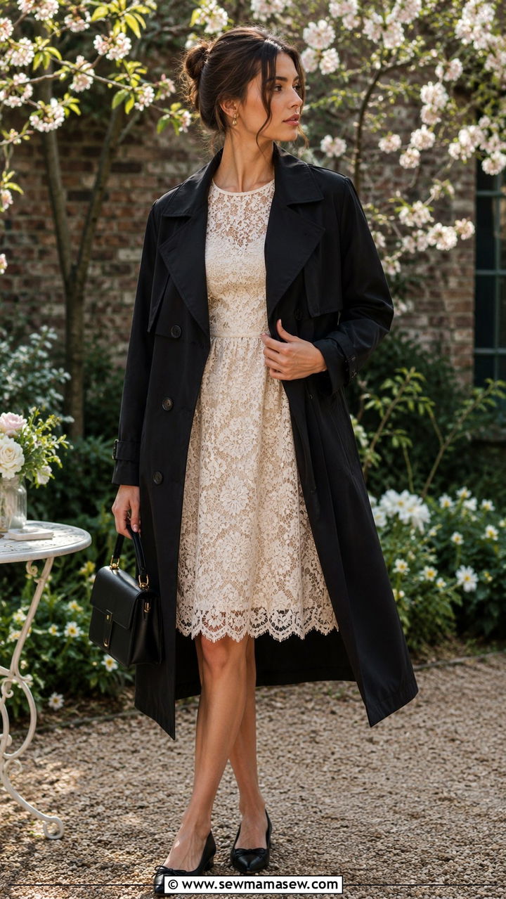 Black trench coat with lace dress and pointed flats - 25 Black trench coat outfit ideas with a dress