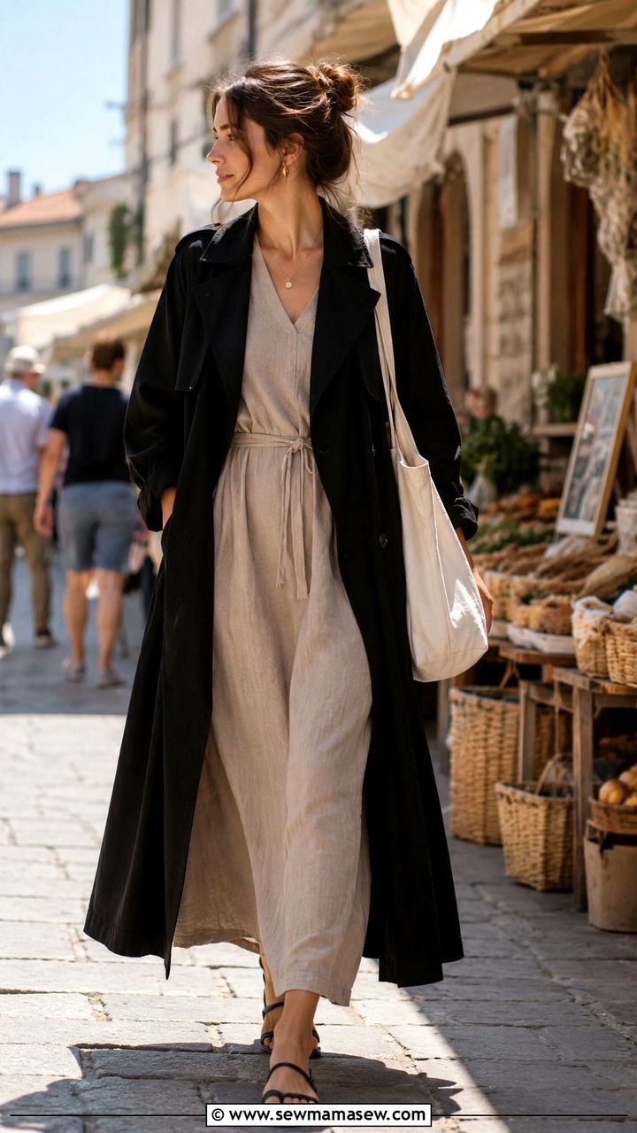 Black trench coat with maxi dress and flat sandals - 25 Black trench coat outfit ideas with a dress