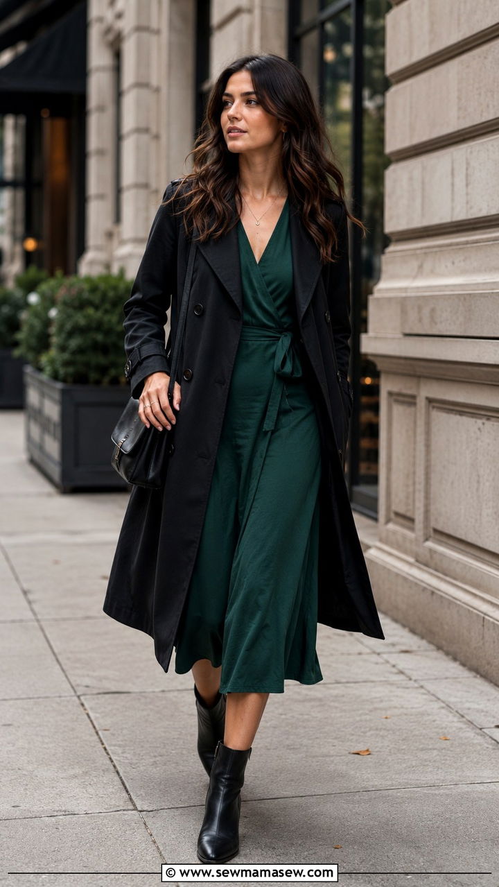 Black trench coat with midi dress and ankle boots - 25 Black trench coat outfit ideas with a dress