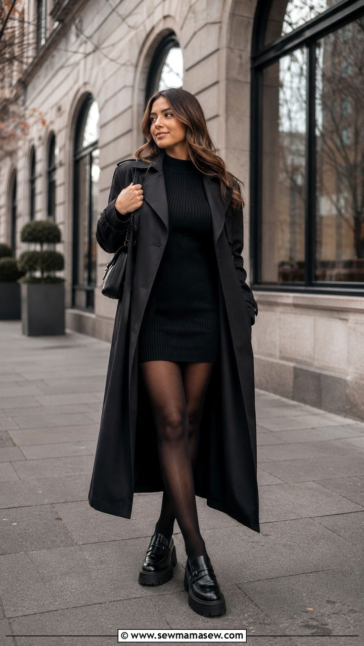 Black trench coat with mini dress and opaque tights - 25 Black trench coat outfit ideas with a dress