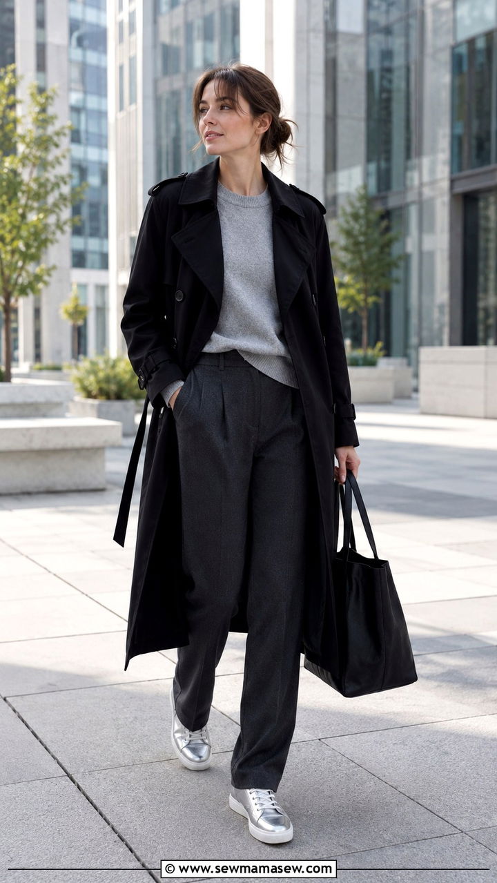 Black trench coat with monochrome gray layers and silver sneakers - 30 Long trench coat outfit ideas with sneakers