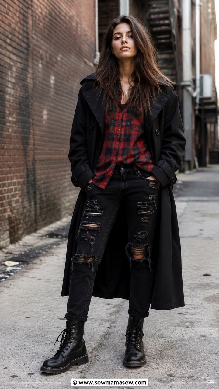 Black trench coat with plaid flannel and black distressed jeans - 25 Black trench coat outfit ideas with jeans