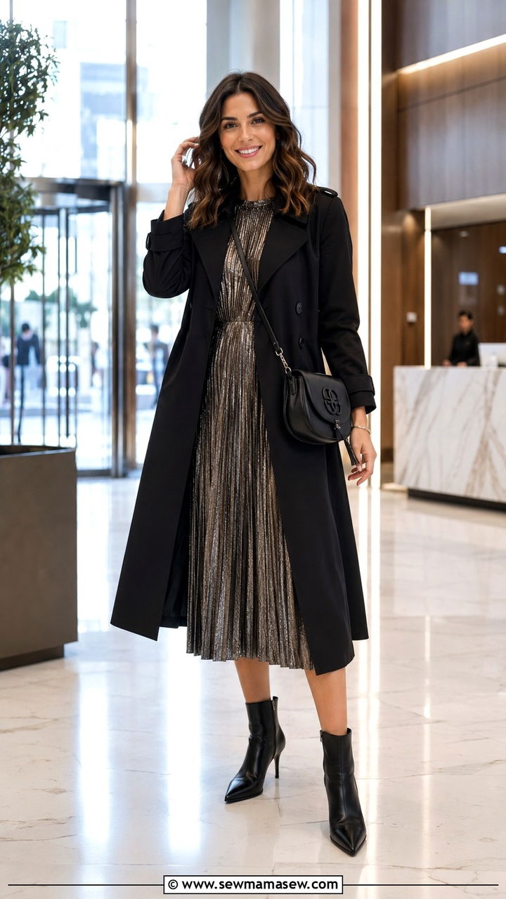 Black trench coat with pleated midi dress and ankle boots - 25 Black trench coat outfit ideas with a dress
