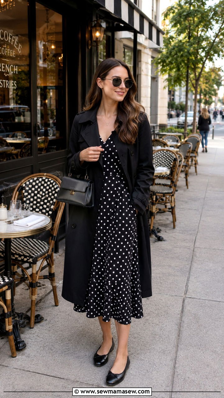 Black trench coat with polka dot dress and ballet flats - 25 Black trench coat outfit ideas with a dress