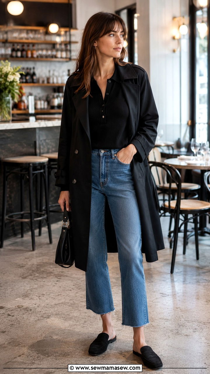 Black trench coat with polo knit and raw hem jeans - 25 Black trench coat outfit ideas with jeans