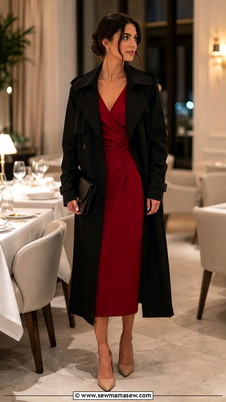 Black trench coat with red dress and nude heels - 25 Black trench coat outfit ideas with a dress