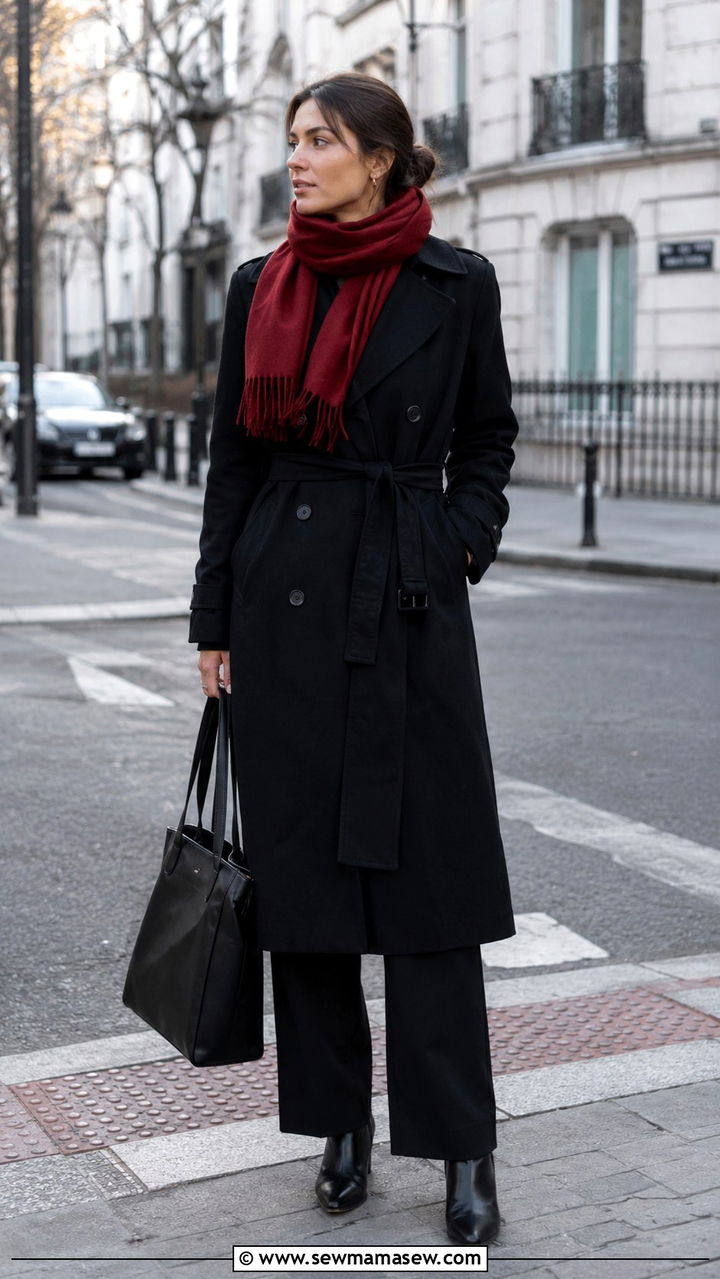 Black trench coat with red scarf - 25 Red and black outfit ideas