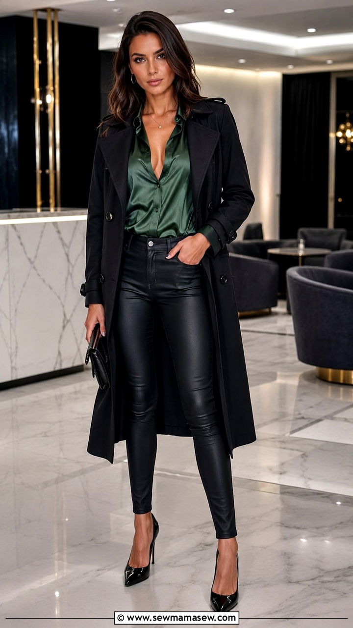 Black trench coat with satin blouse and coated black jeans - 25 Black trench coat outfit ideas with jeans