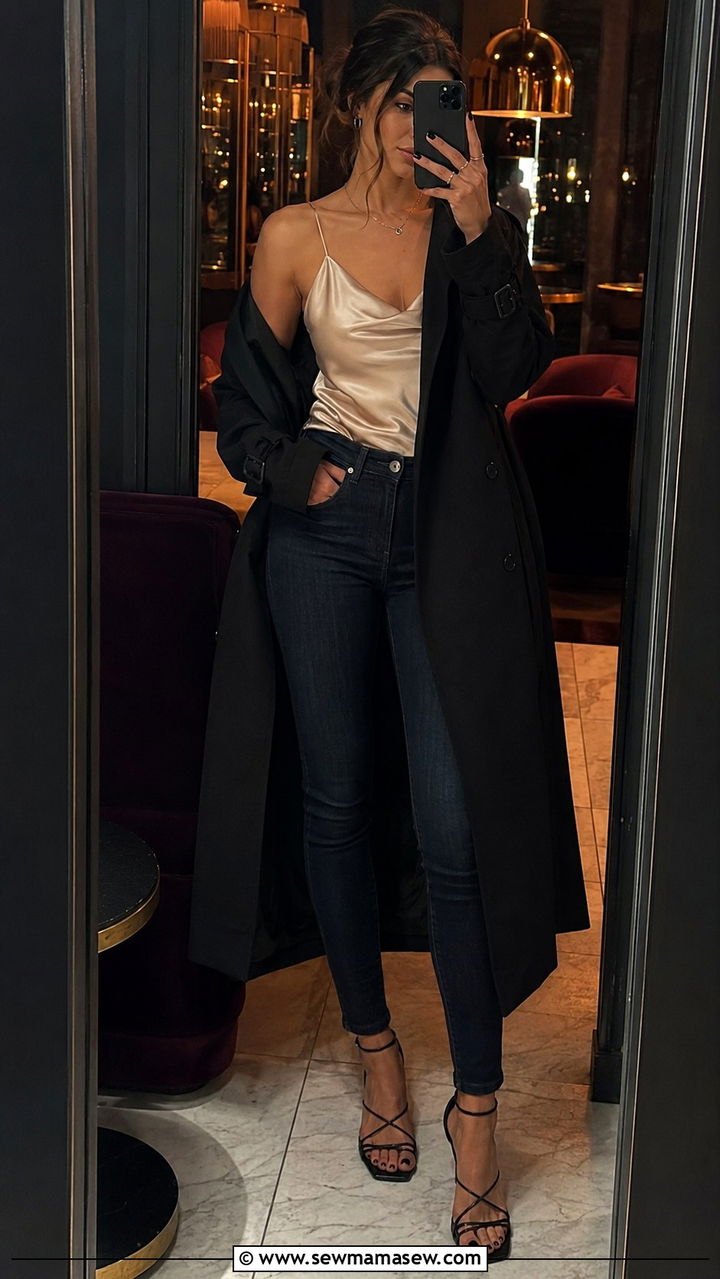 Black trench coat with silk camisole and skinny jeans - 25 Black trench coat outfit ideas with jeans