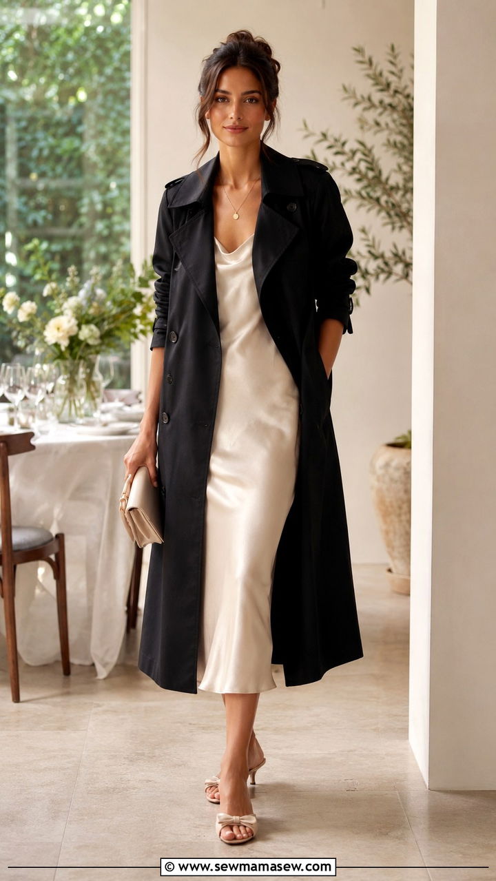 Black trench coat with silk dress and kitten heels - 25 Black trench coat outfit ideas with a dress