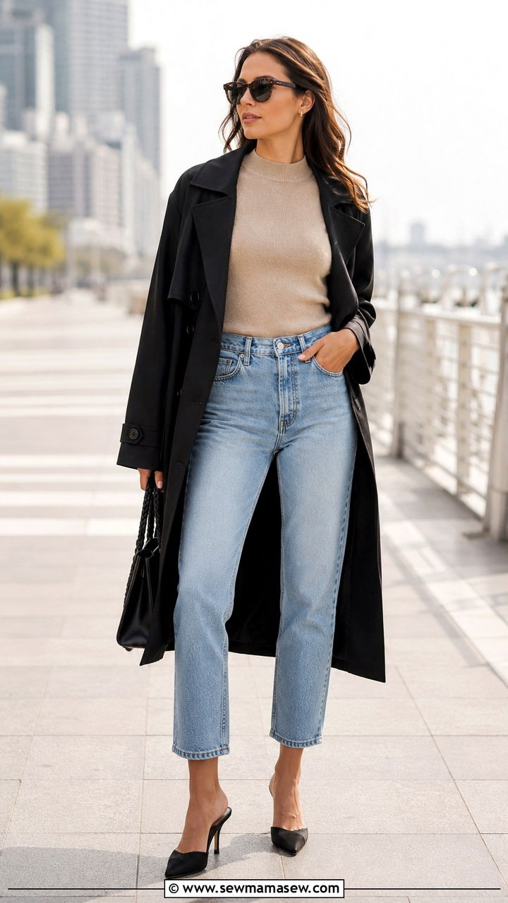 Black trench coat with sleeveless knit and ankle crop jeans - 25 Black trench coat outfit ideas with jeans