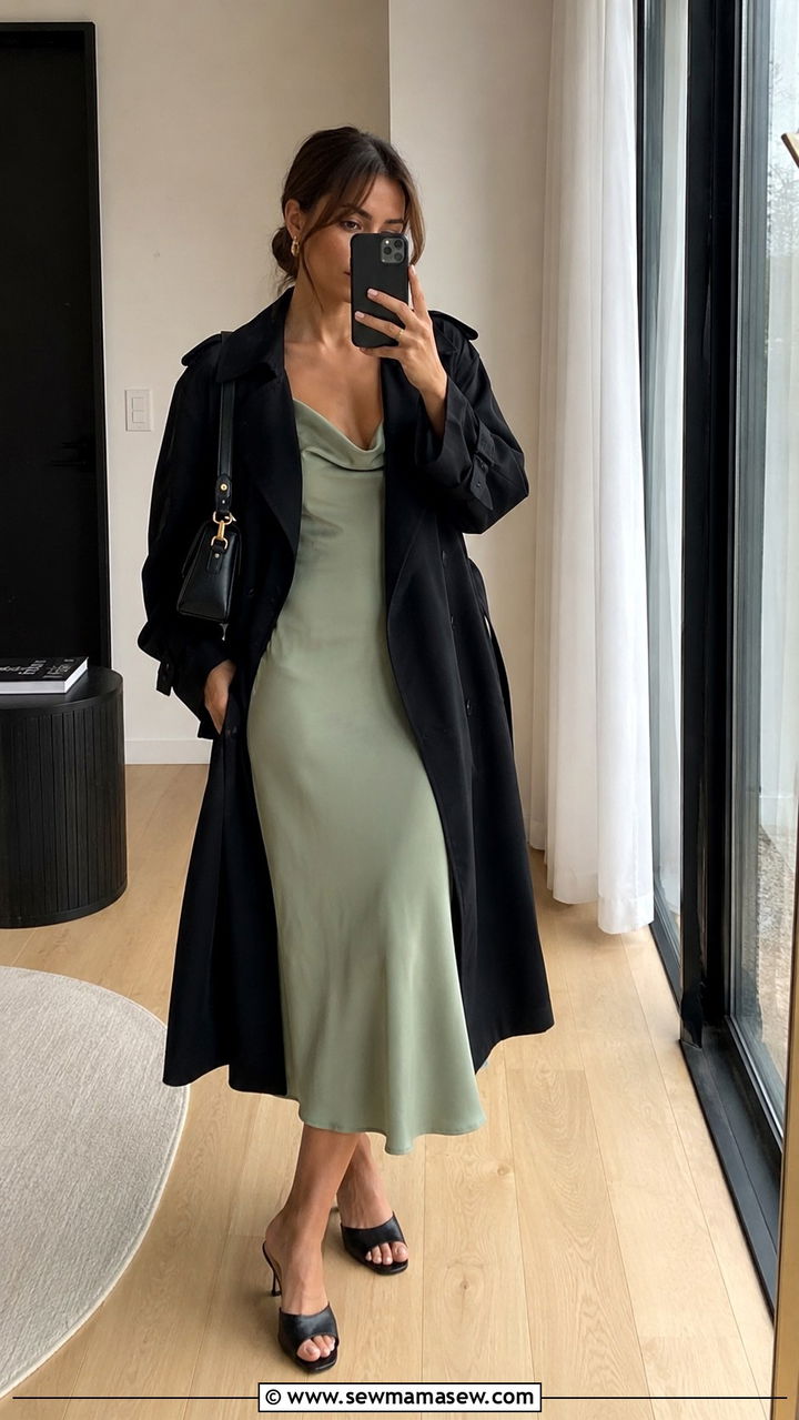 Black trench coat with slip midi dress and mules - 25 Black trench coat outfit ideas with a dress