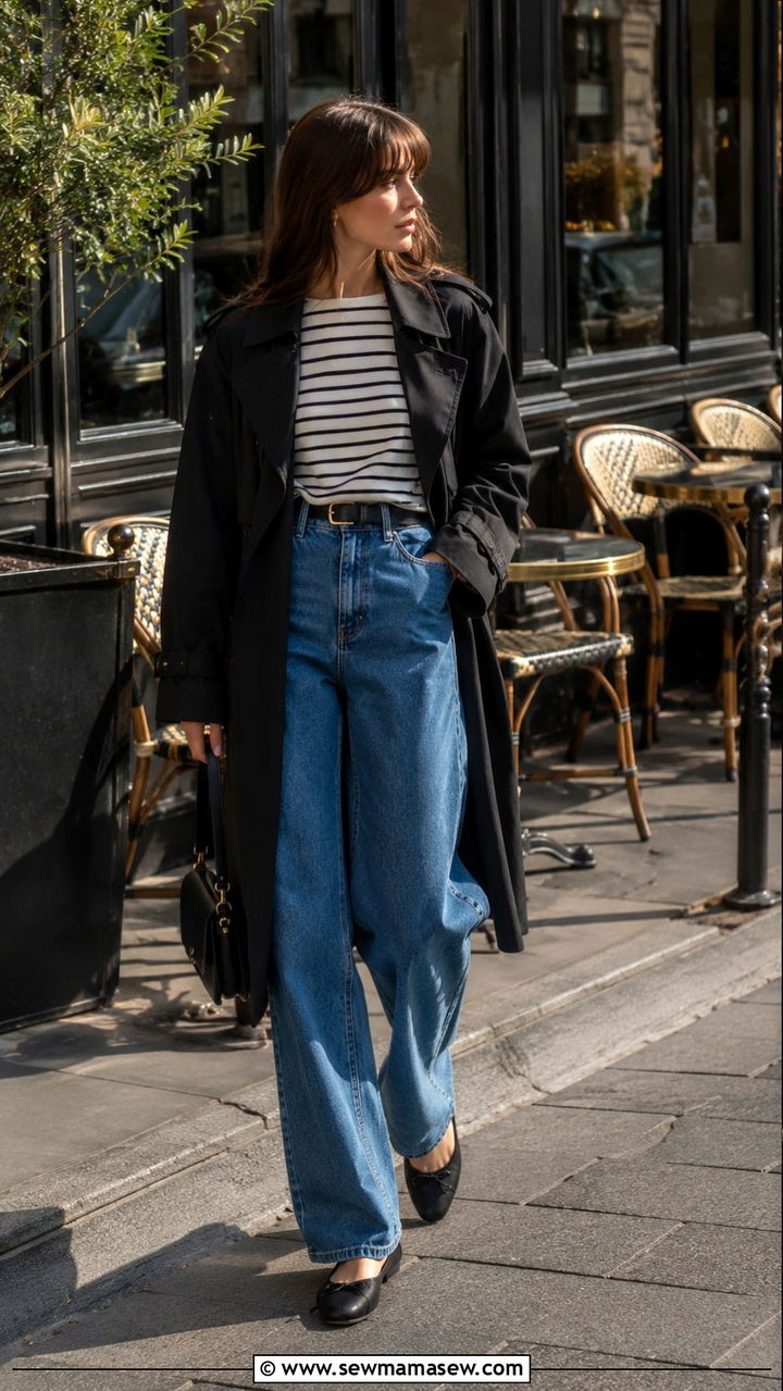 Black trench coat with striped shirt and wide leg jeans - 25 Black trench coat outfit ideas with jeans