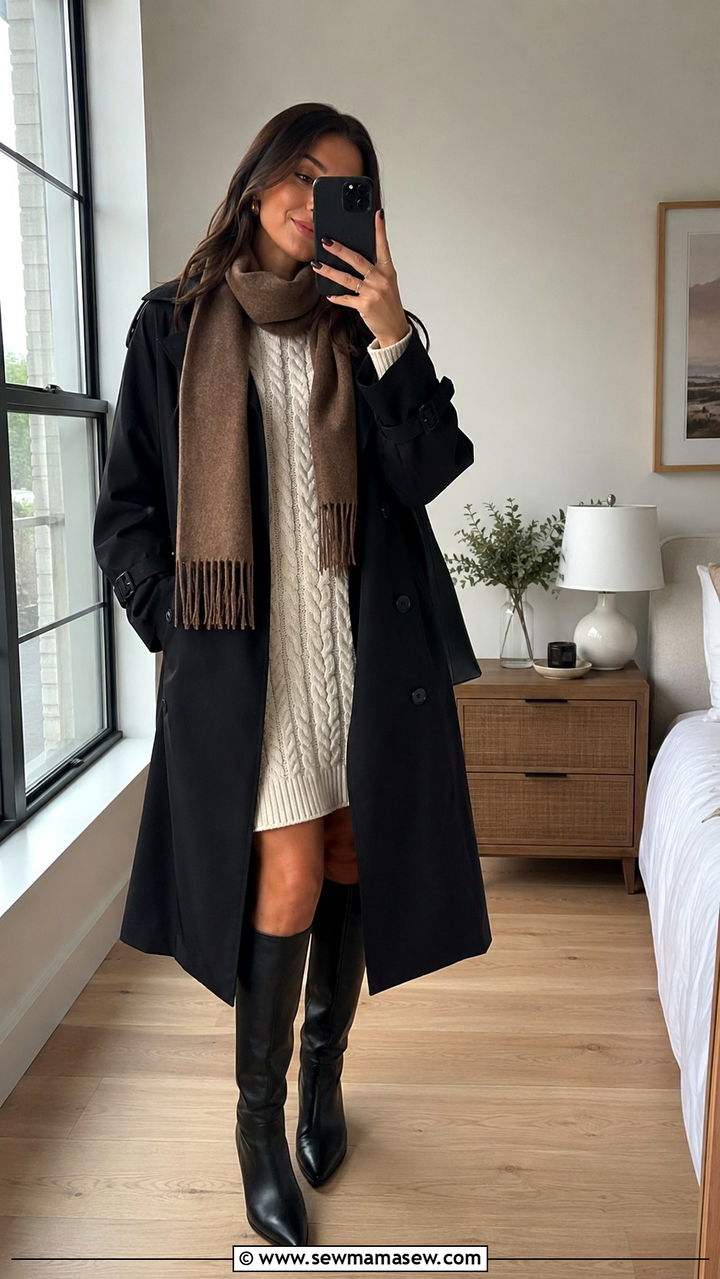Black trench coat with sweater dress and knee high boots - 25 Black trench coat outfit ideas with a dress