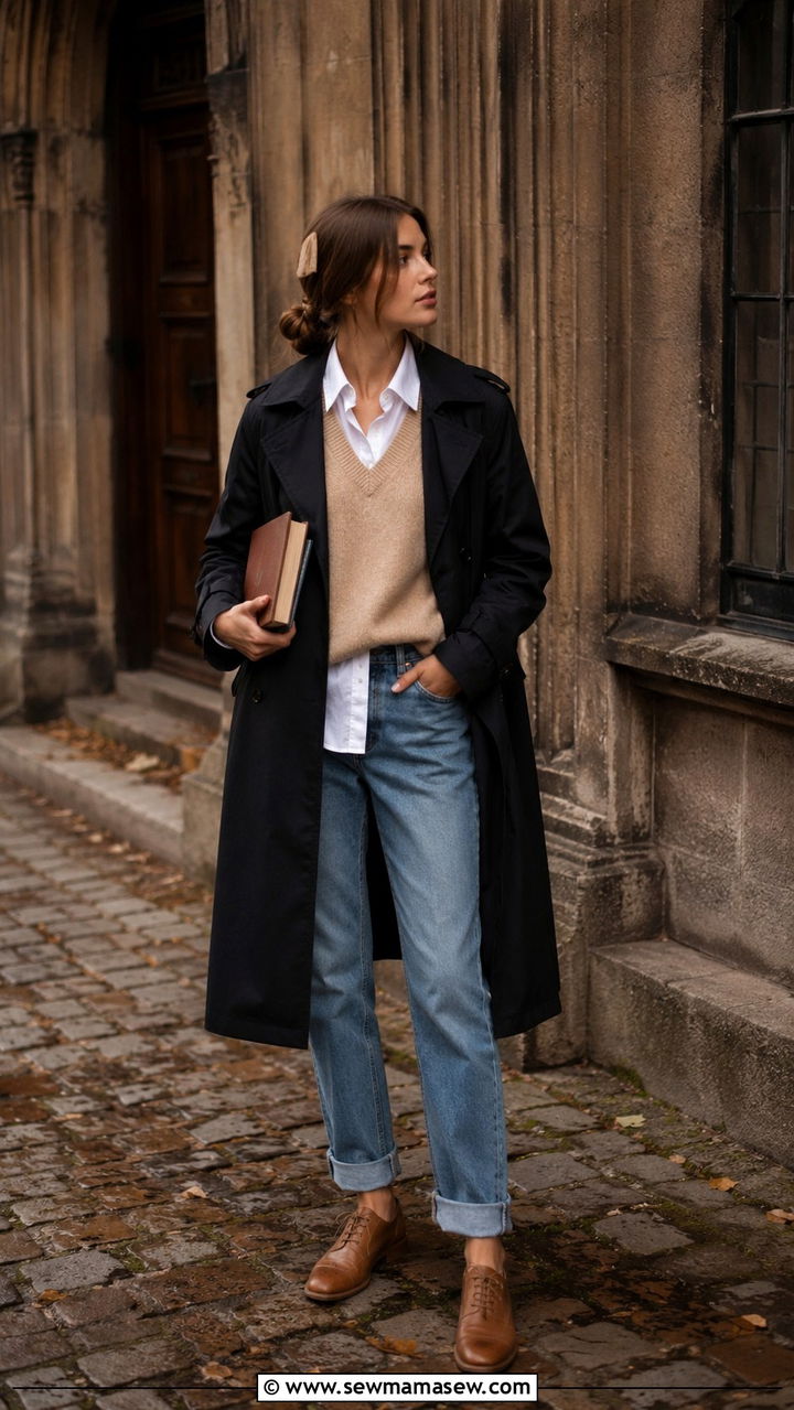 Black trench coat with sweater vest and boyfriend jeans - 25 Black trench coat outfit ideas with jeans