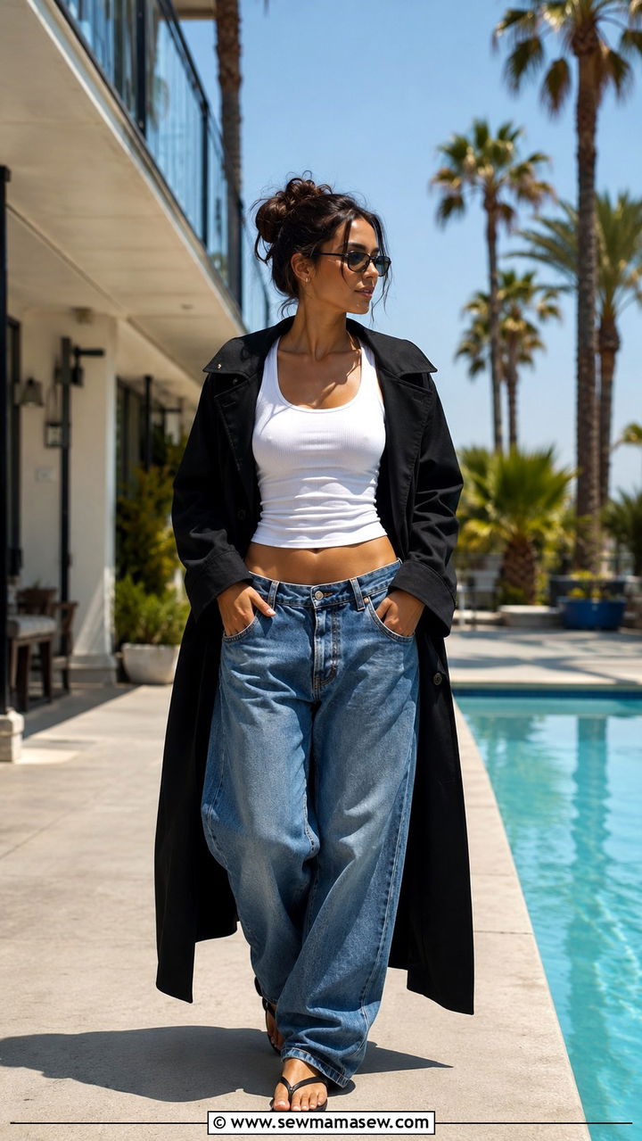 Black trench coat with tank top and low rise baggy jeans - 25 Black trench coat outfit ideas with jeans