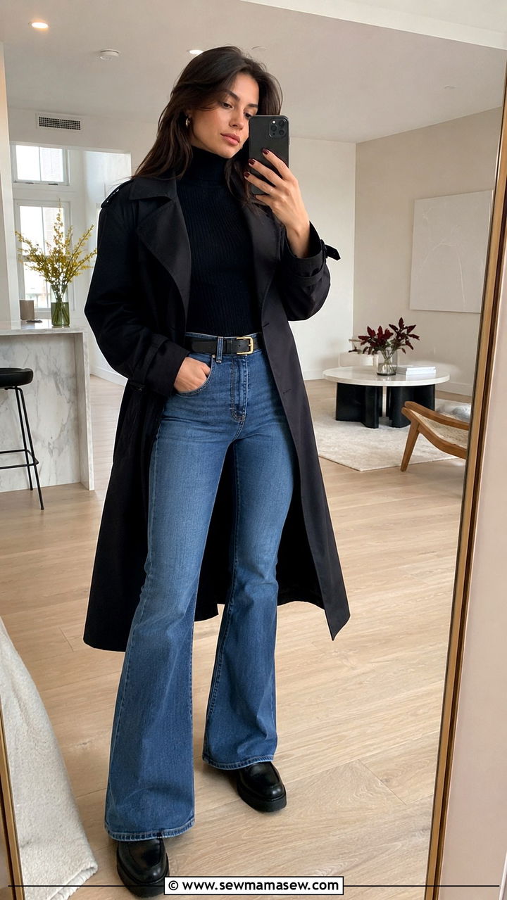 Black trench coat with turtleneck and flared jeans - 25 Black trench coat outfit ideas with jeans