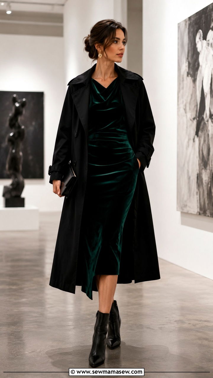 Black trench coat with velvet dress and heeled boots - 25 Black trench coat outfit ideas with a dress