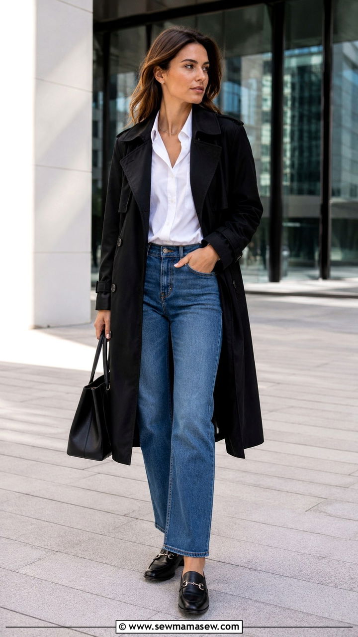 Black trench coat with white button down and straight leg jeans - 25 Black trench coat outfit ideas with jeans