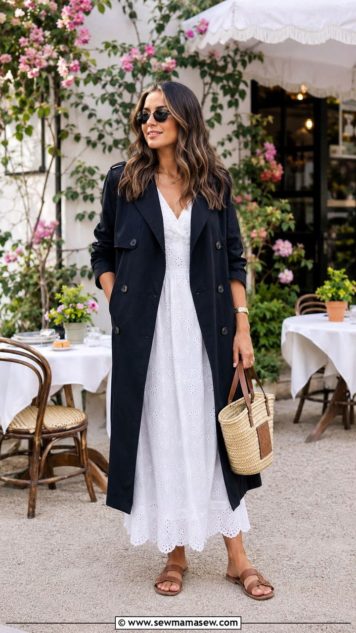 Black trench coat with white summer dress and sandals - 25 Black trench coat outfit ideas with a dress