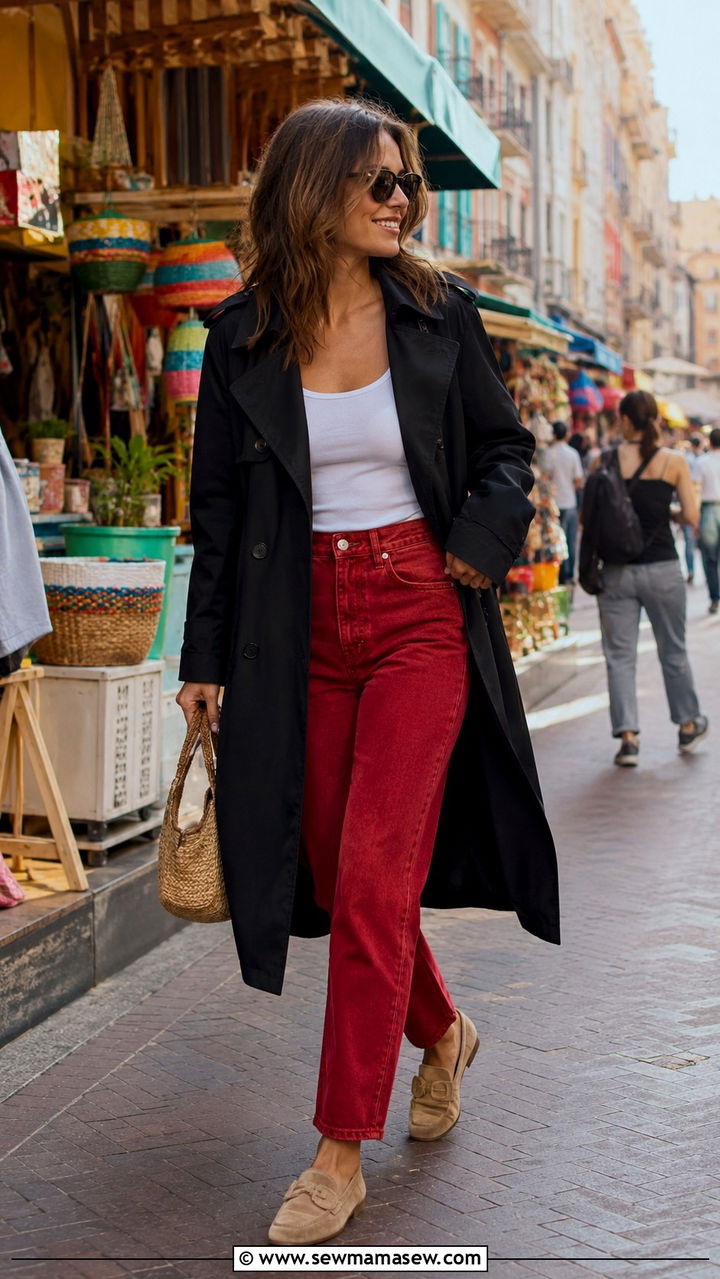 Black trench coat with white tank and colored denim - 25 Black trench coat outfit ideas with jeans