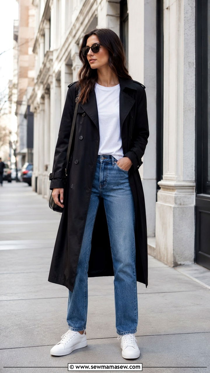 Black trench coat with white tee and blue jeans - 25 Black trench coat outfit ideas with jeans