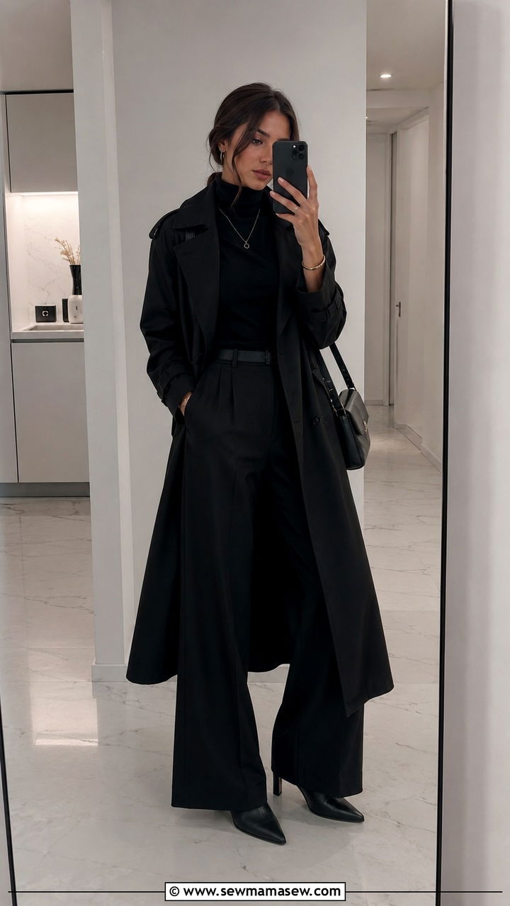 Black trench coat with wide leg trousers - 25 Wide leg pants outfit ideas with a trench coat